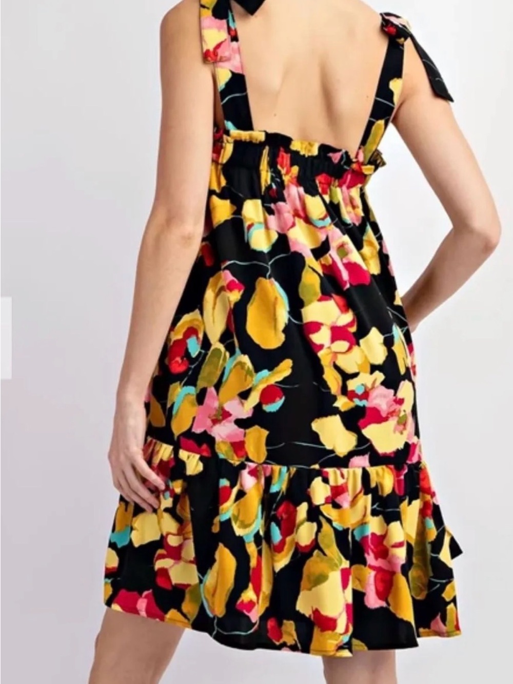 Black Floral Tie-Shoulder Sundress with Yellow and Pink Blooms - Picture 2 of 3